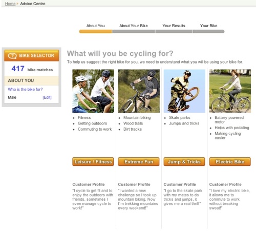 Halfords UK cycle choosing advice page