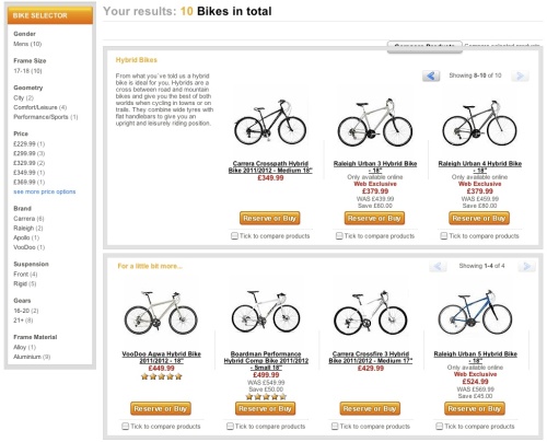 Halfords UK bikes results page, with lots of impractical bikes