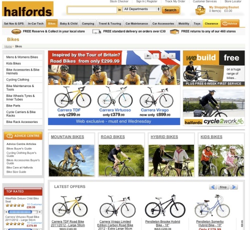 Halfords UK website main cycling page