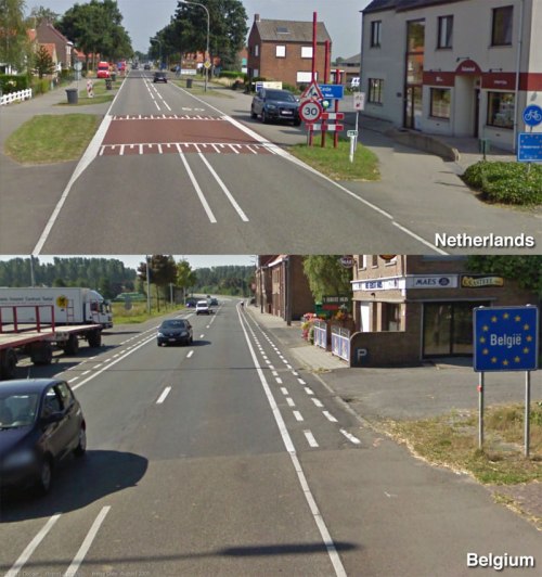 Two photos of the border of the Netherlands and Belgium. Netherlands has separate cycle paths, Belgium has narrow painted lanes.