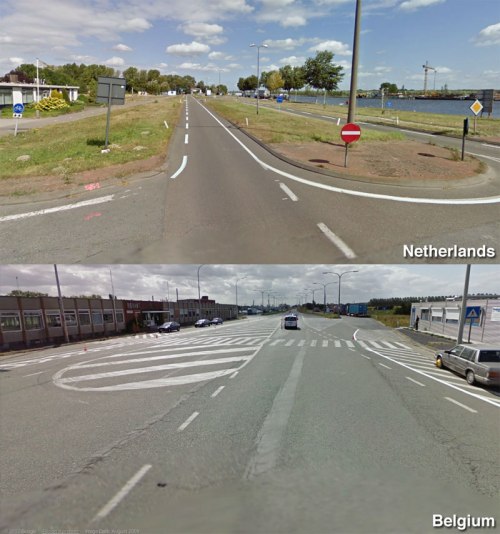 Two photos of the same road, one pointing into the Netherlands (with separate cycle path) and one pointing into Belgium (narrow painted cycle lanes).
