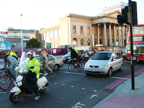 Bikes, motorbikes and cars – not a pleasant cycling environment