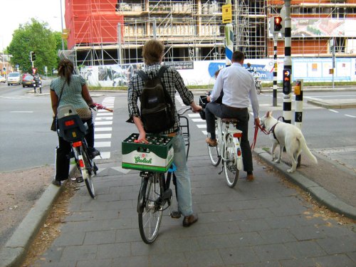 Three people on bikes waiting at a crossing. One is carrying an umbrella, the second person is carrying a crate of beer, the third person has his son on a child seat, and his dog on a lead.