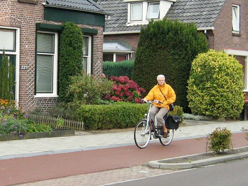 A grey-haired woman casually rides her bike one-handed along a Dutch cycle path