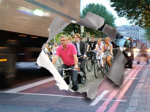 A photograph of people on bikes at rush hour in Utrecht, Netherlands, juxtaposed with rush hour on Euston Road in London.