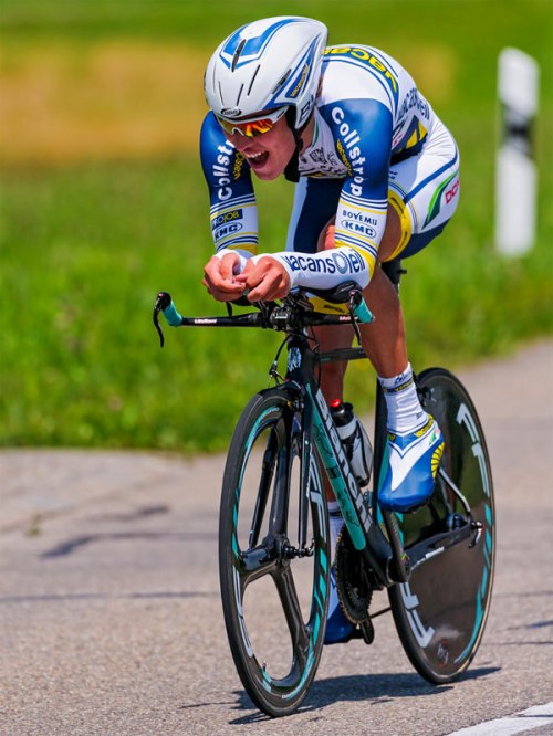 A professional sports cyclist racing on the Tour de Suisse.