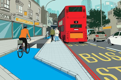 TfL's artist's impression of a cyclepath with bus stop bypass