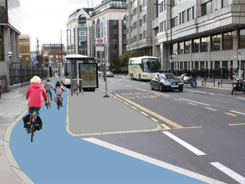 A redesigned Southwark Bridge, where the bike-path continues and the bus stop is on an island between the bike-path and the road.