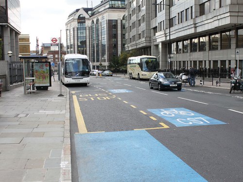 The bike lane at the end of Southwark Bridge in London stops suddenly and turns into a bus stop. Bikes are meant to pull out into the road to overtake.