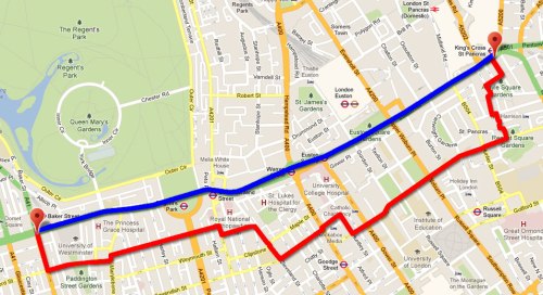 A map showing two routes from Baker Street to Kings Cross in London. The direct route on TfL roads, and the complex wiggly route on local council roads.
