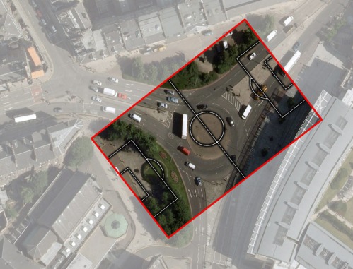 Aerial photo of Picardy Place, Edinburgh, with a football pitch overlaid to show the size.