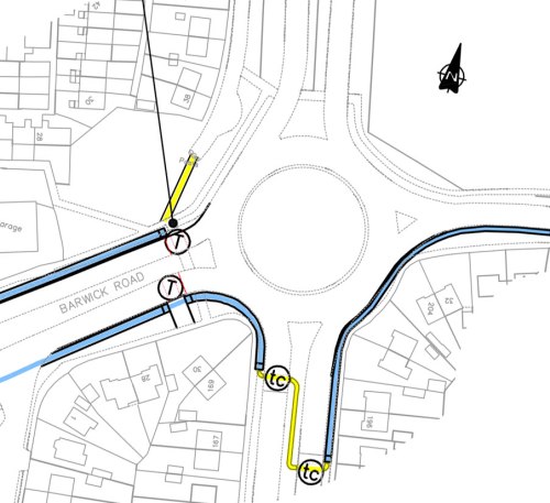 Detail from Leeds council's plans for the roundabout at Barwick Road and the Ring Road, where bike users are expected to use a two-stage pedestrian crossing with a pig-pen island.