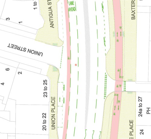 A section of Edinburgh council's Leith Walk redesign where the road is extremely wide, yet the cycling provision is poor.