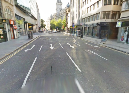 A photograph of Holborn in London, the scene of today's death. Four wide lanes for motor vehicles, two reasonable footpaths, nothing for cycling.