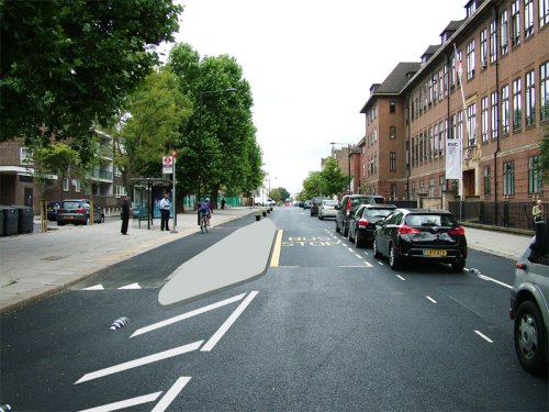An altered photo of the southern bus stop on Royal College Street, showing that there is plenty of space for a bus stop island.