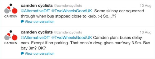 Camden Cycling Campaign tweets: "Some skinny car squeezed through when bus stopped close to kerb. So..??" and "Camden plan: buses delay cars. Except if no parking. The consultation drawing gives carriageway 3.9m, bus stop 3m? OK?"