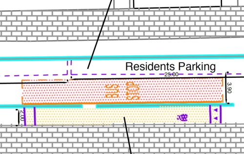A detail from the plans for Royal College Street, which show that the bus stop filling the width of the carriageway.