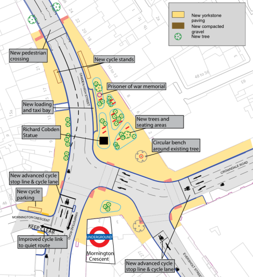 TfL and Camden plans for Mornington Crescent / Cobden Junction. The usual 1990s arrangement of advisory cycle lanes, ASLs and lots of space for motor vehicles.