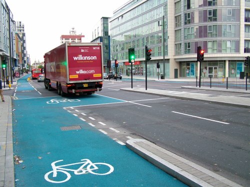The junction of Stratford High Street, Cycle Superhighway 2 and Warton Road, showing strange and dangerous layout.