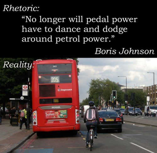 Boris Johnson quote: "No longer will pedal power have to dance and dodge around petrol power." Below, a photo of a bike rider overtaking a stopped bus while cars pass on the right.