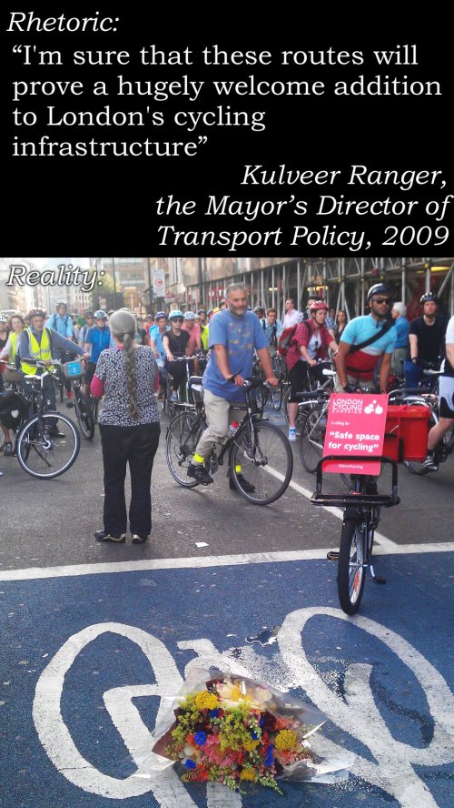 Kulveer Ranger quote: "I'm sure these routes will prove a hugely welcome addition to London's cycling infrastructure." Below, a photo of a large cycling protest, flowers laid on the Cycle Superhighway to mark someone's death.