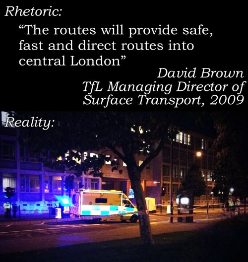 David Brown quote: "The routes will provide safe, fast and direct routes into central London." Below, a photo of the aftermath of a fatal accident, with police in addendance.