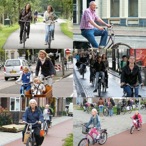 A montage of six Dutch cycling scenes: two young ladies, an older man, a woman with a child in a box-bike and another child riding alongside, a group of teenagers, an older woman, and two young children.