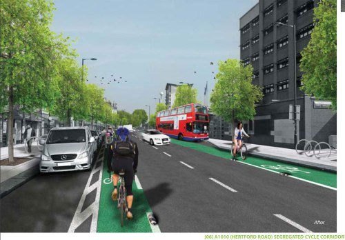 Laughably awful visualisation by Enfield council, showing narrow bike lanes in the dooring-zone, and bus stops on the wrong side of cycle paths.