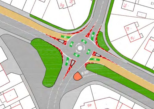 A diagram showing a roundabout in Hereford, with eight cycle symbols painted on the road