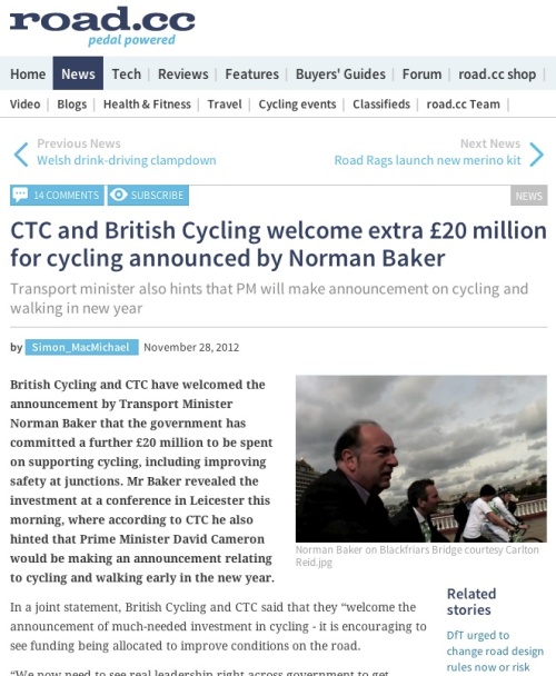 Screenshot of road.cc article titled 'CTC and British Cycling welcome extra £20 million for cycling announced by Norman Baker'