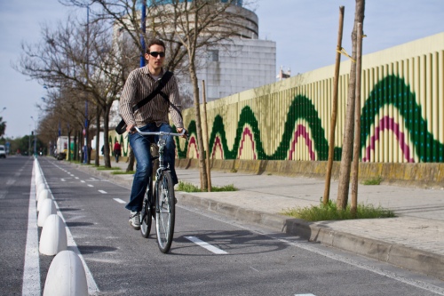 A protected cycle lane in Seville, which uses much bigger blobs, made of concrete and much closer together.