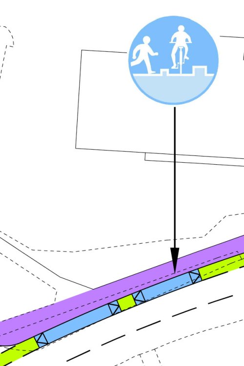 A section from Leeds Cycle Superhighway plans, showing apparently raised cycle track, also described as being at carriageway-level