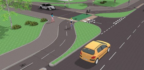 A computer-generated image of a two-way cycleway, which bends away from the junction mouth of the side road it crosses. The design is okay, but not perfect.