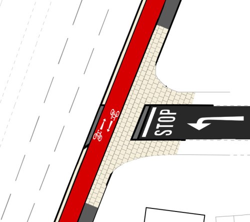 A possible redesign of the junction, which gives clear visual priority to people on foot and bike.