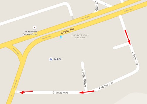 Amended map of Grange Avenue in Bradford, showing potential one-way restriction